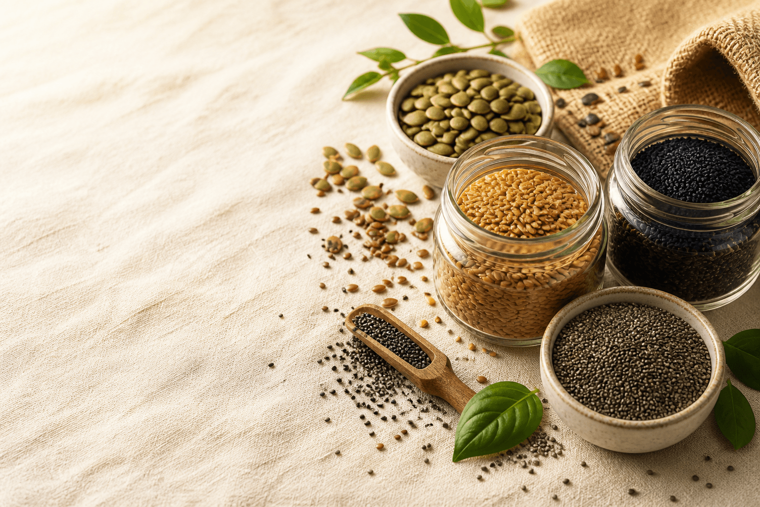 Bowl of chia, flax, pumpkin and sabja seeds on a cream linen table